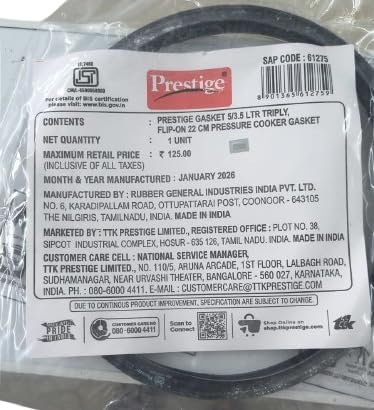 Flip-On/Clip-On pressure cooker gasket 22CM 3.5-litre and 5-litre Prestige Flip-On And Triply cooker models.
